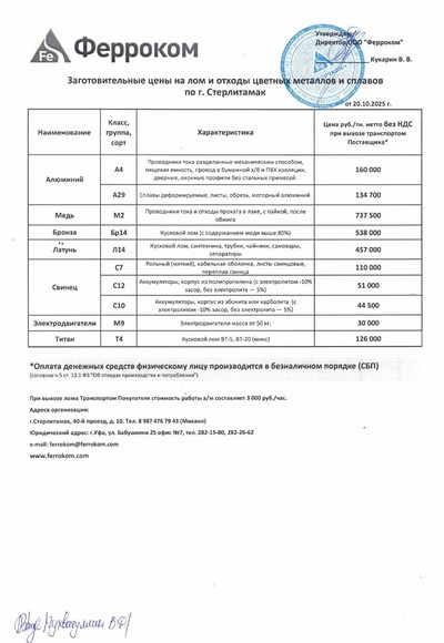 Прайс-лист цветмет Стерлитамак 20.10.2025г.