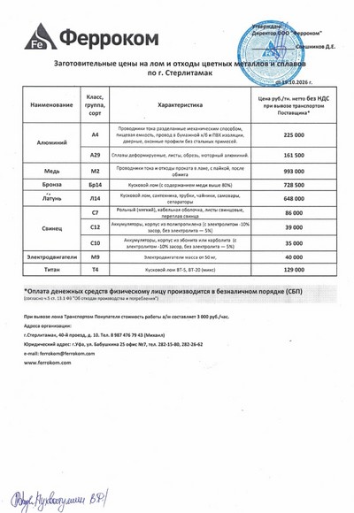 Прайс-лист цветмет Стерлитамак 19.10.2026г.