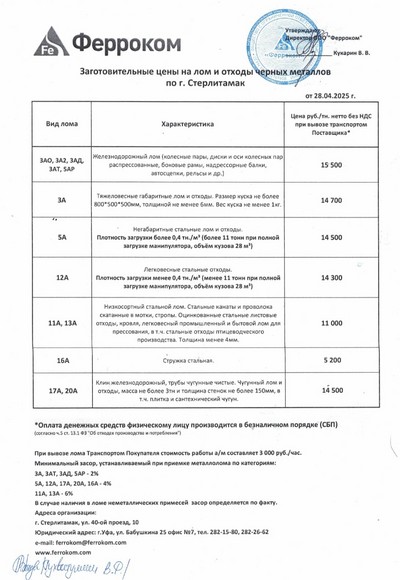 Прайс-лист чермет Стерлитамак 28.04.2025 г.