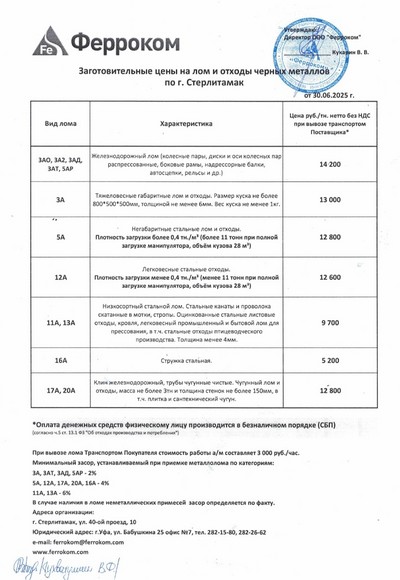 Прайс-лист чермет Стерлитамак 30.06.2025 г.