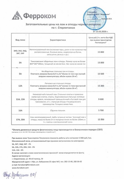 Прайс-лист чермет Стерлитамак 16.03.2026 г.