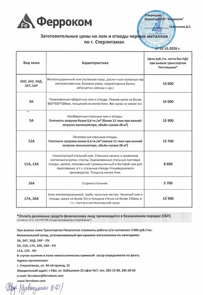 Прайс-лист чермет Стерлитамак 19.10.2026 г.