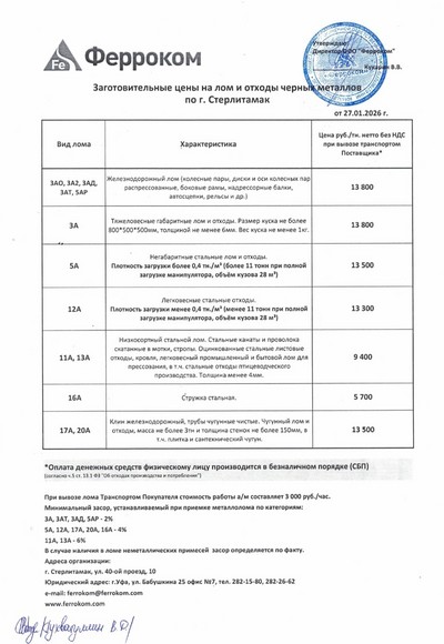 Прайс-лист чермет Стерлитамак 27.01.2026 г.