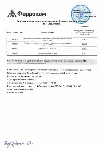 Прайс-лист нержавейка Стерлитамак 19.10.2026 г.