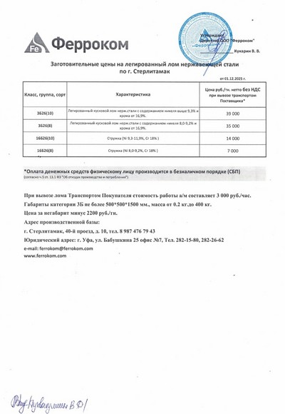 Прайс-лист нержавейка Стерлитамак 01.12.2025 г.