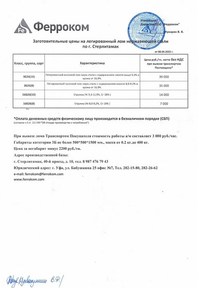 Прайс-лист нержавейка Стерлитамак 08.09.2025 г.