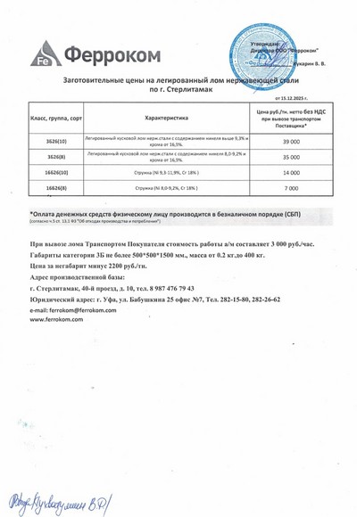 Прайс-лист нержавейка Стерлитамак 15.12.2025 г.