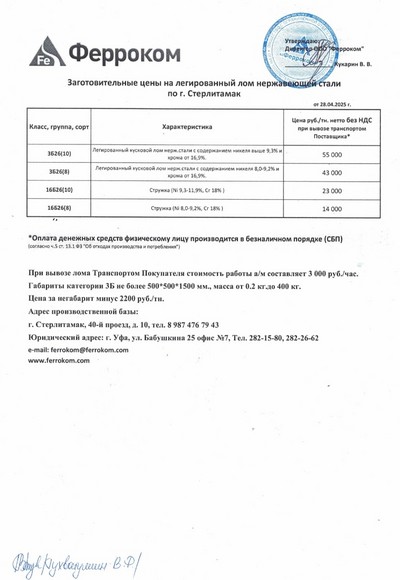 Прайс-лист нержавейка Стерлитамак 28.04.2025 г.