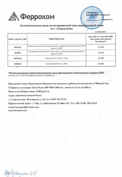 Прайс-лист нержавейка Стерлитамак 30.06.2025 г.