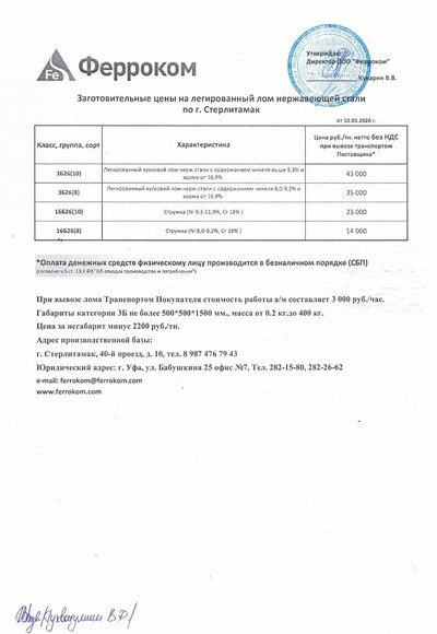 Прайс-лист нержавейка Стерлитамак 10.03.2026 г.