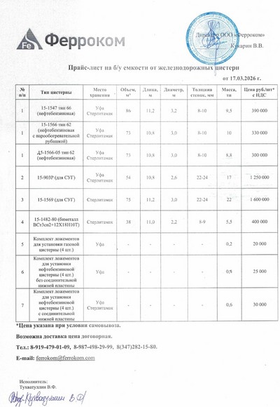 Прайс ж/д емкости 17.03.2026 г.