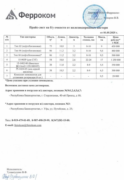 Прайс ж/д емкости 01.05.2025 г.