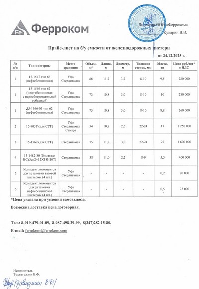 Прайс ж/д емкости 24.12.2025 г.