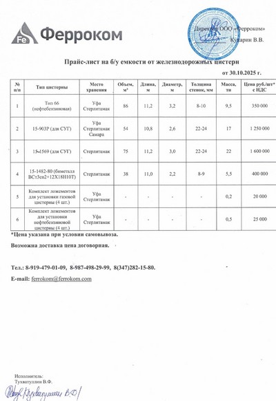 Прайс ж/д емкости 30.10.2025 г.