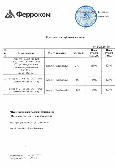 Прайс на металлопрокат 24.03.2026 г.